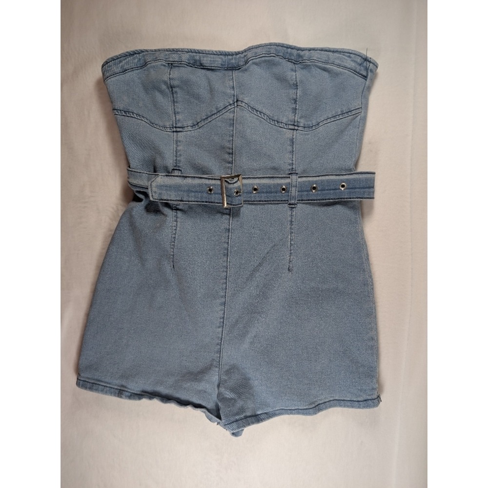 SHEIN Light Blue Strapless Denim Short Romper with Belt
